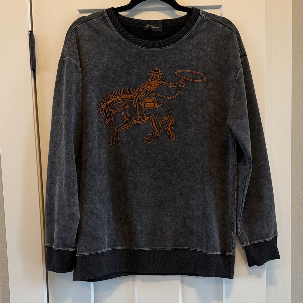 Vintage-Inspired Charcoal Crewneck Sweatshirt with Western Embroidery